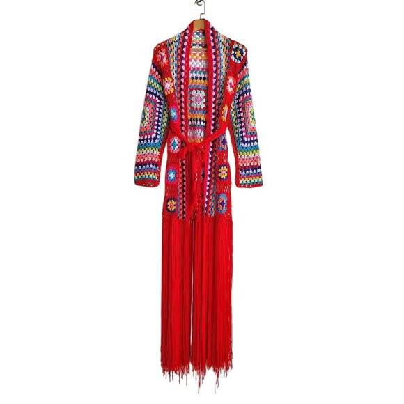 Sweaters - Boho Crochet Granny Square Kimono Cardigan Red Fringe Multicolor One Size
